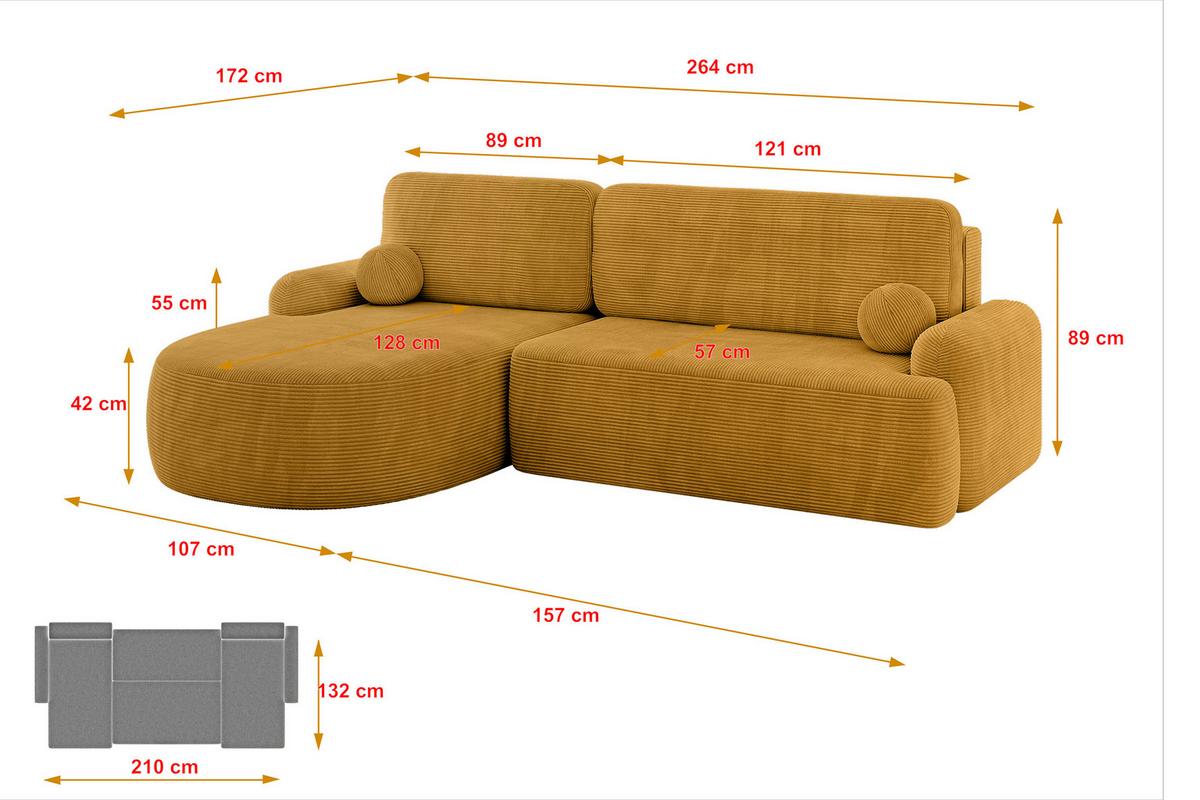 ECKSOFA mit Schlaffunktion und Bettkasten LIRA-L - 264x172x89 Senfgelb - Sandfarben, Holzwerkstoff/Textil (264/172cm) - ALTDECOR