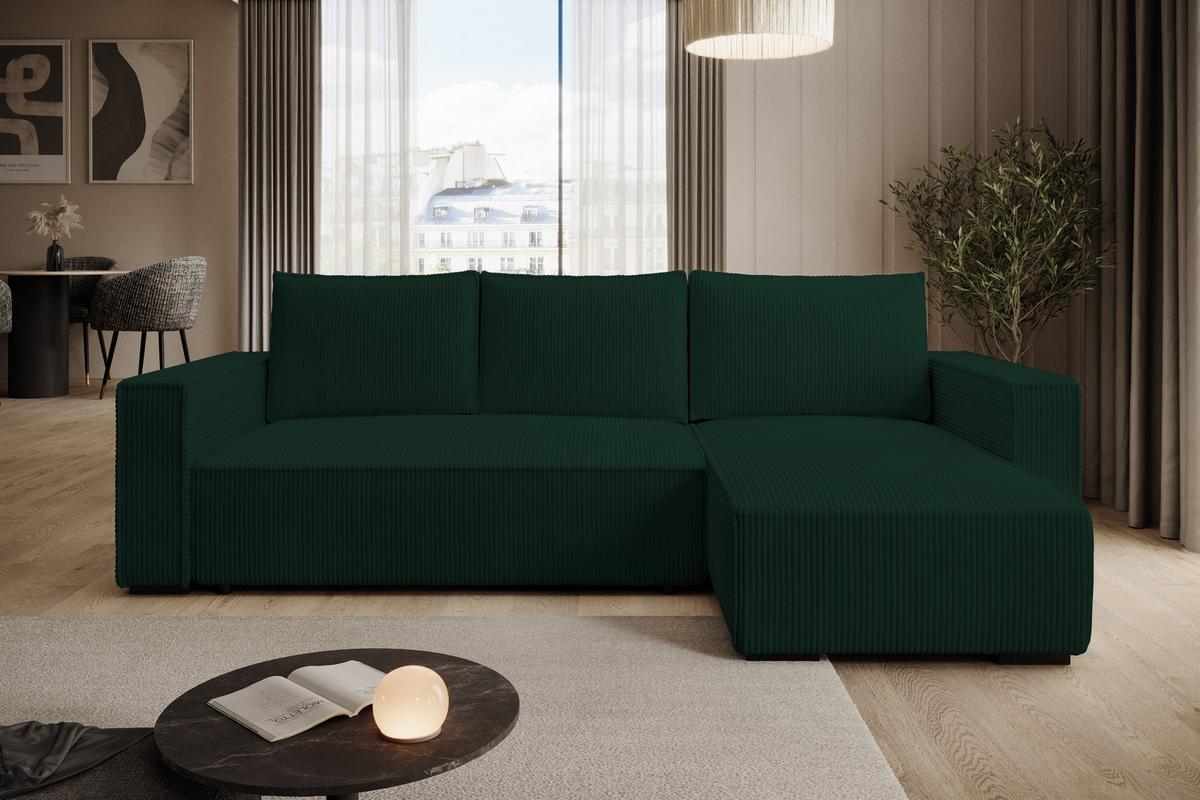 ECKSOFA CUDDY L, Eckcouch in L-Form mit Schlaffunktion und Bettkasten, Farbe: Grün, Cordstoff, Ottomane Rechts - Grün, Textil (240/140cm) - Storez24