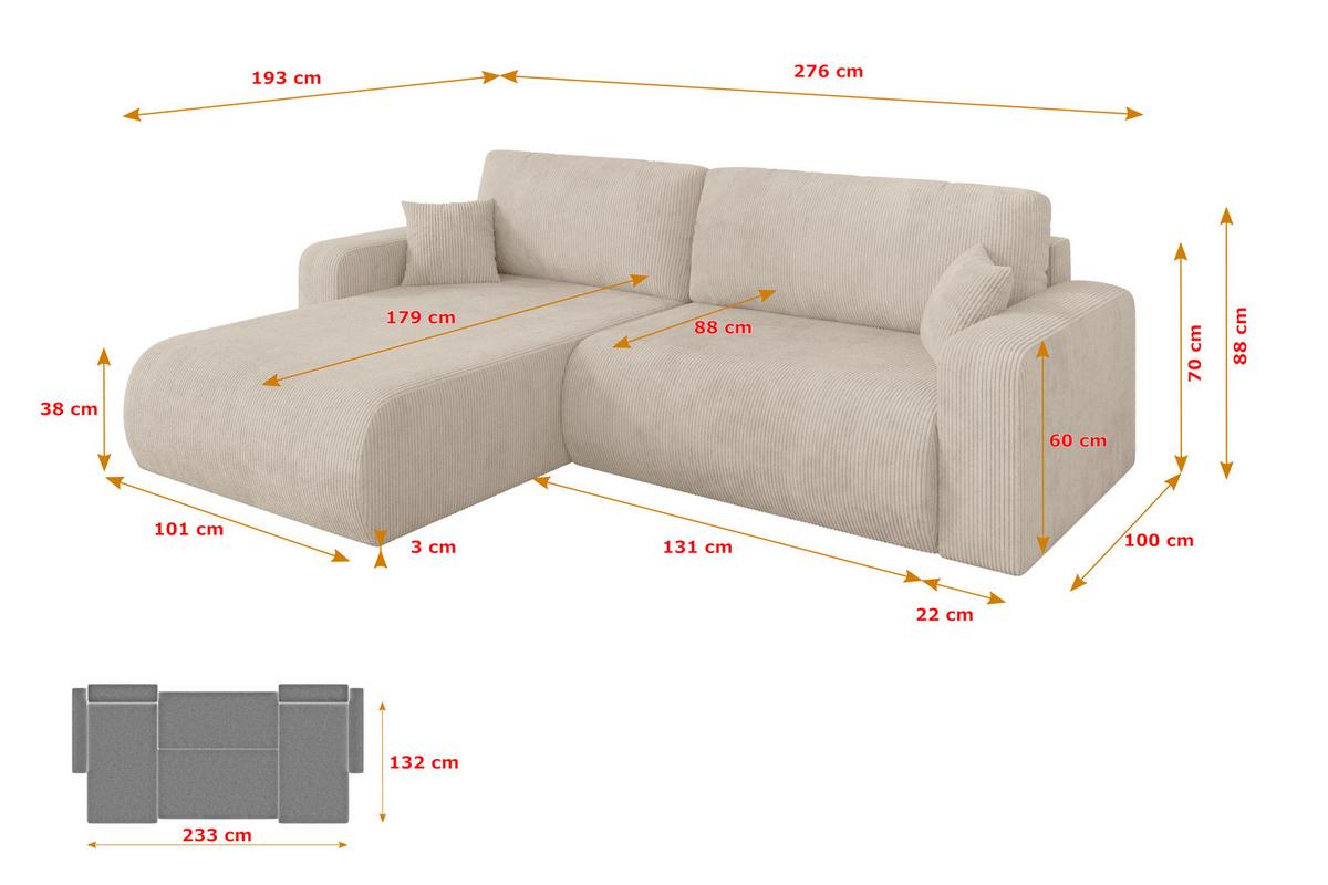 ECKSOFA mit Schlaffunktion Ottomane Links BERY-L 276x193x88 Beige Cord - Beige/Schwarz, Holzwerkstoff/Kunststoff (276/193cm) - ALTDECOR