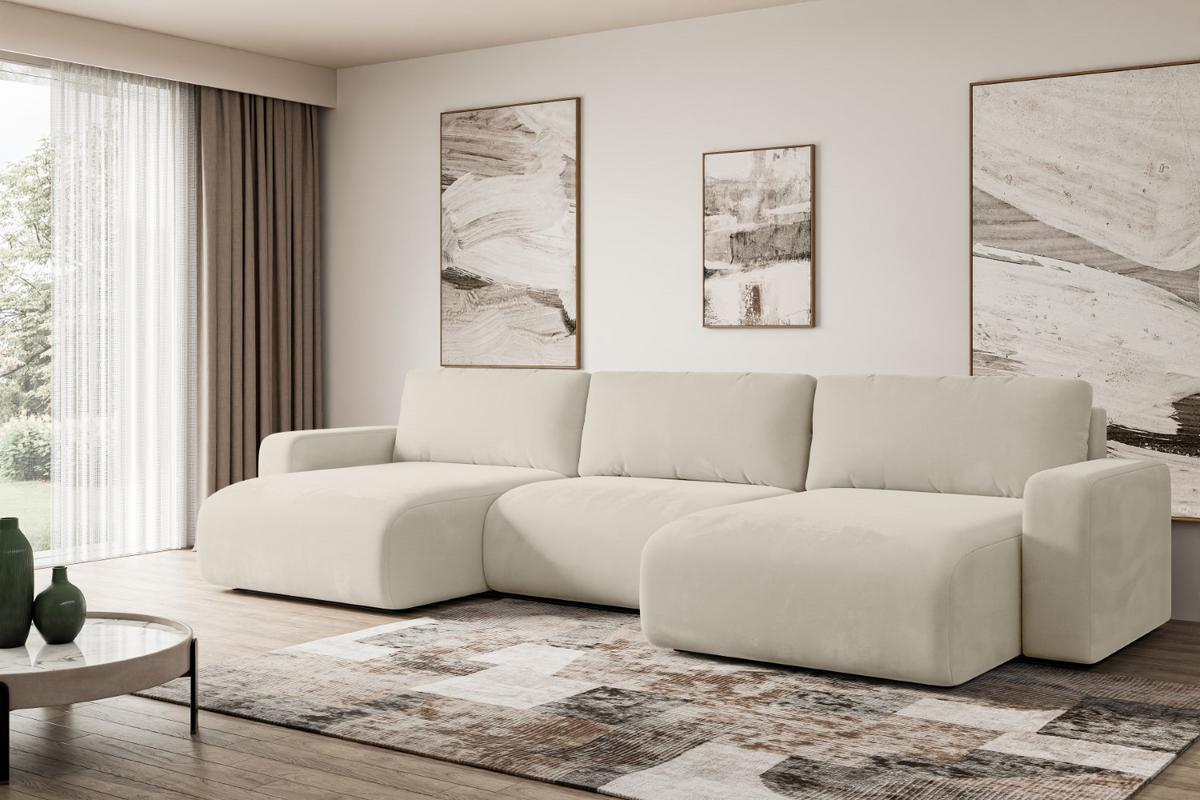 WOHNLANDSCHAFT mit Schlaffunktion und Bettkasten KLEEA-U - 347x143x83 cm Beige Velours - Beige/Creme, Holzwerkstoff/Kunststoff (347/83/143cm) - ALTDECOR