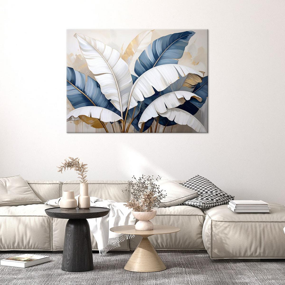 BILD auf Leinwand, Bananenblätter Natur Pflanzen weiß beige - Blau, Textil (120/80cm) - Feeby