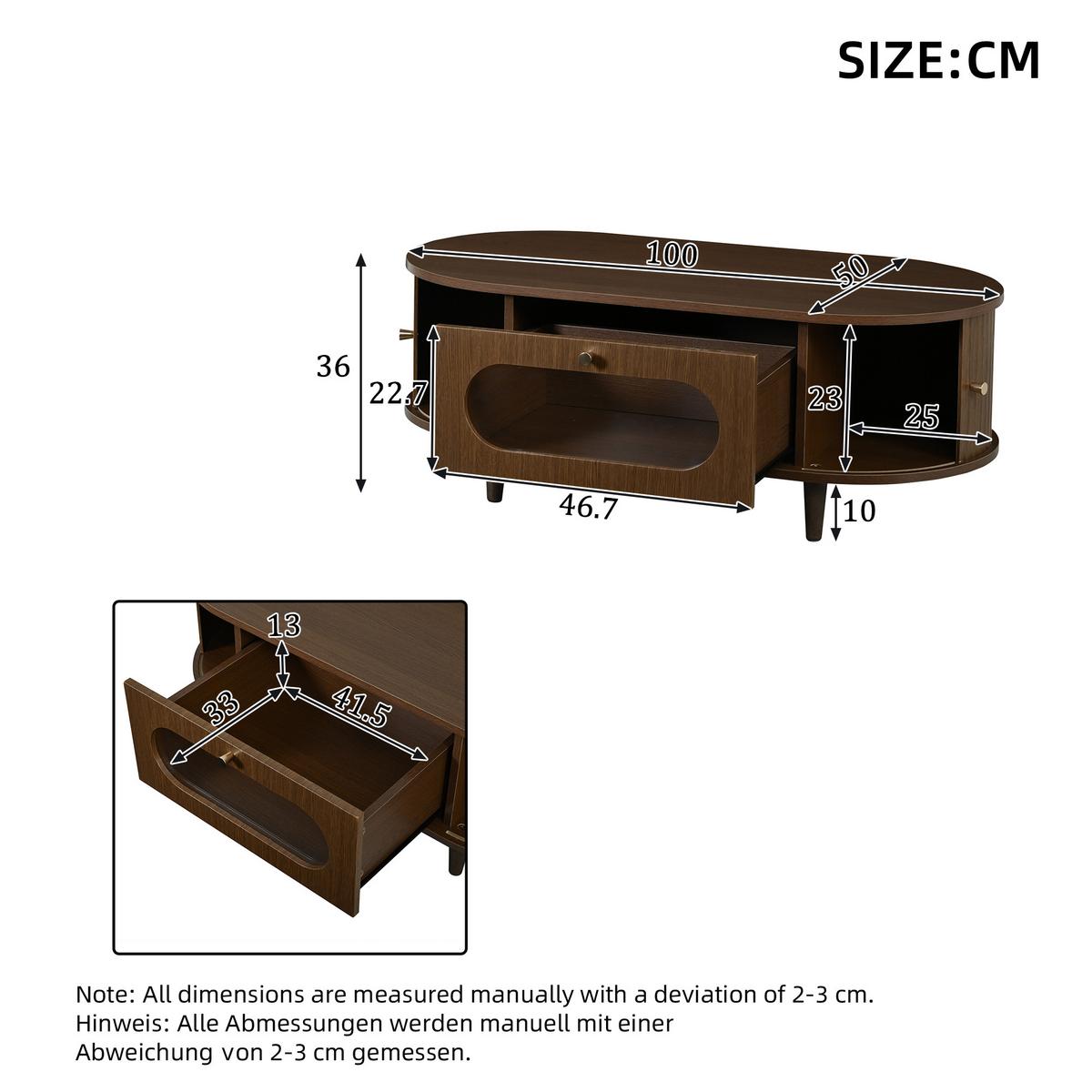 COUCHTISCH walnuss rolltür schublade stauraum - Walnussfarben, Holzwerkstoff (50/100/36cm) - Urban Meuble