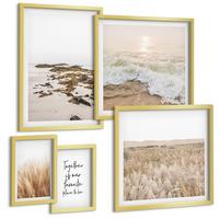 BILDER SET 5er Set - 50x50 cm & 20x30 cm & 40x60 cm Goldrahmen - Wiesen, Strand, Boho-Stil - Goldfarben, Kunststoff (40/60cm) - TULUP