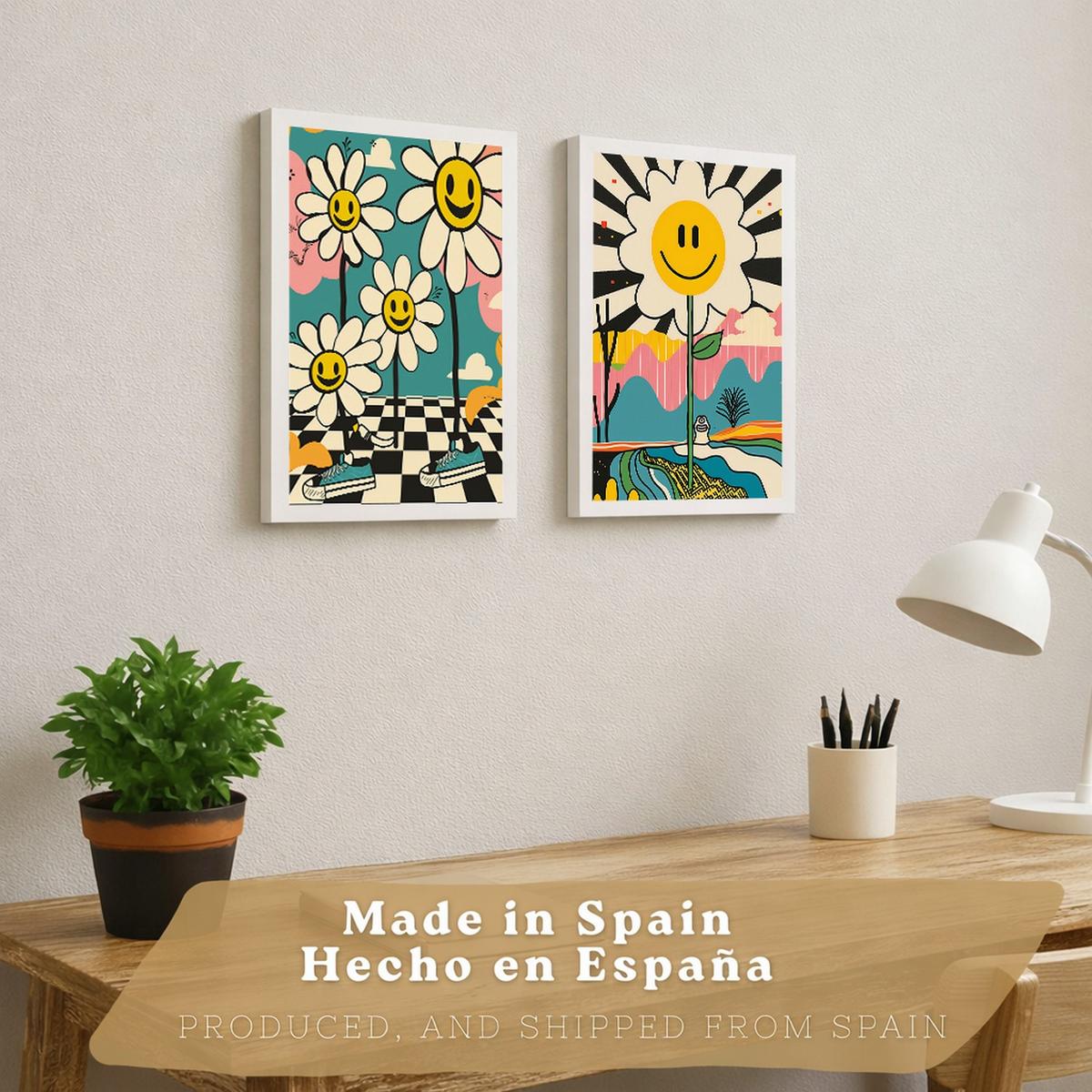POSTER 4er Kunstdruck-Set Wandbilder Smiley Blume modern Wohnzimmer Deko, Schlafzimmer, Küche, Badezimmer Weißer Rahmen A4 - Weiß, Papier (29.7/1/21cm) - Nacnic