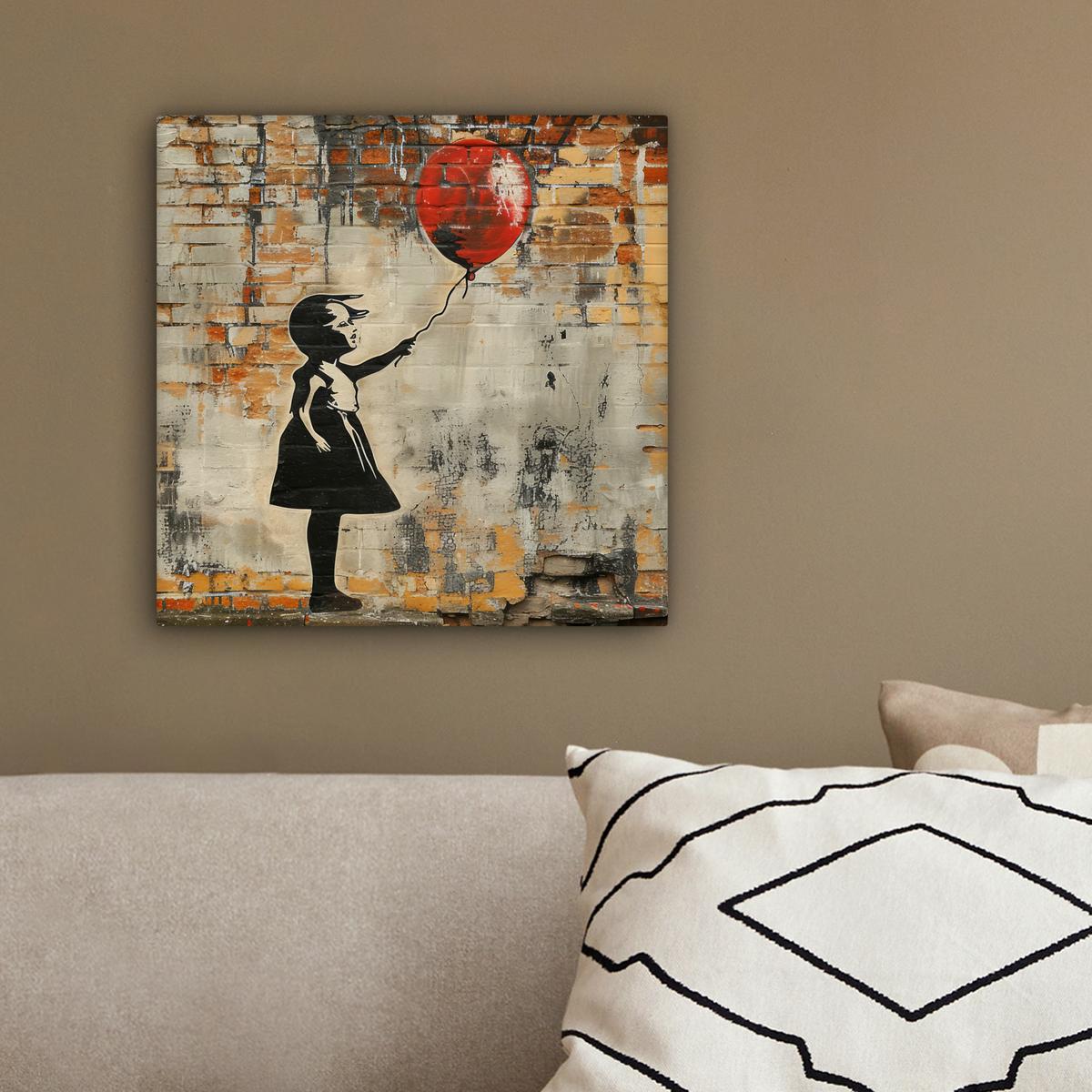 LEINWANDBILD Graffiti - Banksy - Mädchen - Straßenkunst Deko Wohnzimmer 20x20 cm - Sandfarben, Textil (20/20cm) - MuchoWow