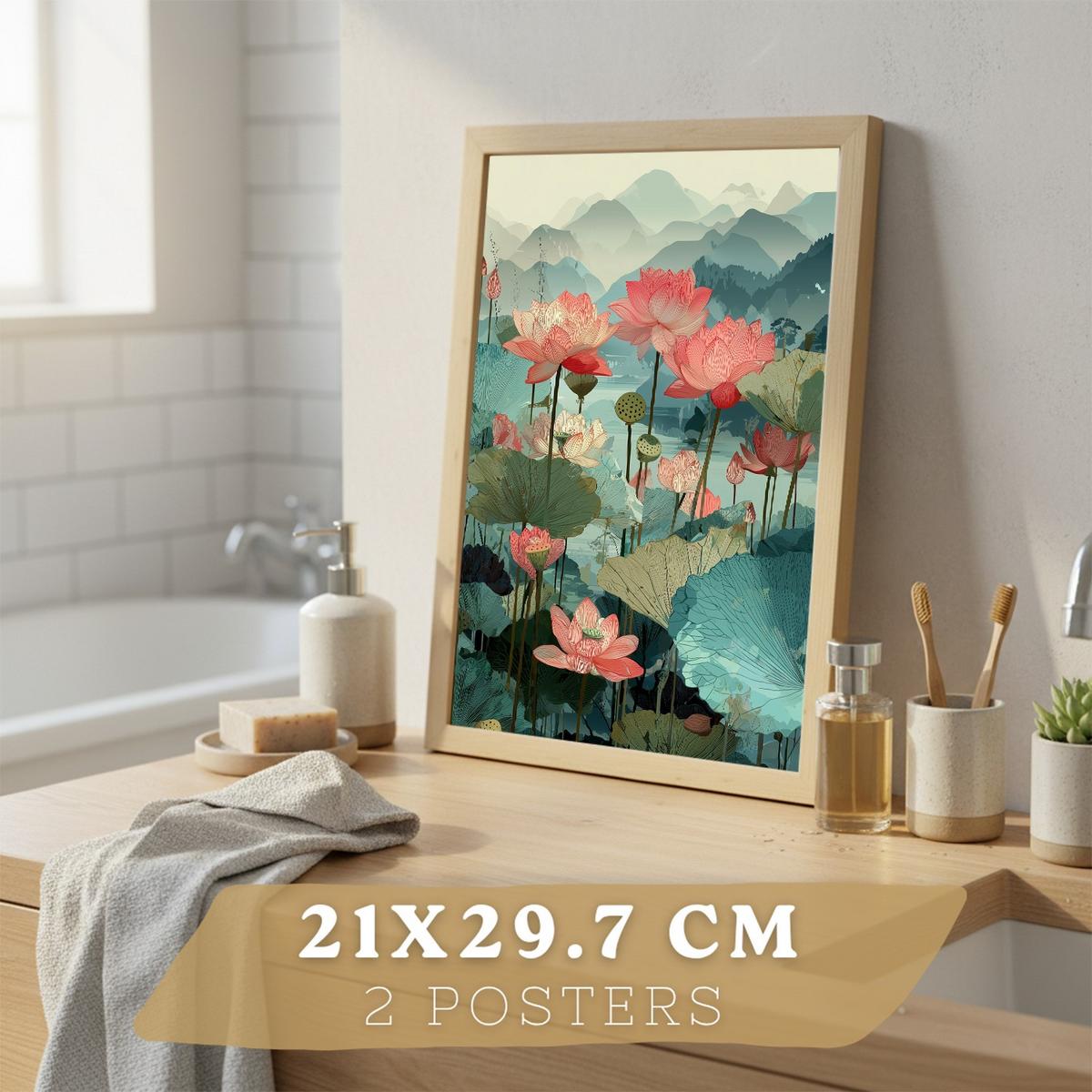 POSTER 2er-Set dekorative Badezimmerdrucke, japanisch-orientalische Kunstposter WC mit Lotusblumen, asiatische Landschaft, Stil Leichter Holzrahmen A4 - Beige, Papier (29.7/21/3cm) - Nacnic