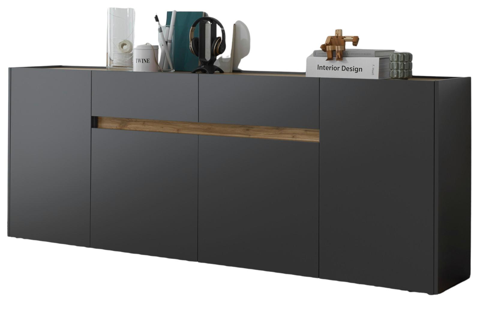SIDEBOARD grau matt, Wotan Eiche, Kommode 220 x 87 cm mit 4 Türen und Schubladen - Anthrazit/Eiche Wotan, Holz/Holzwerkstoff (223/86/40cm) - Furn.Design