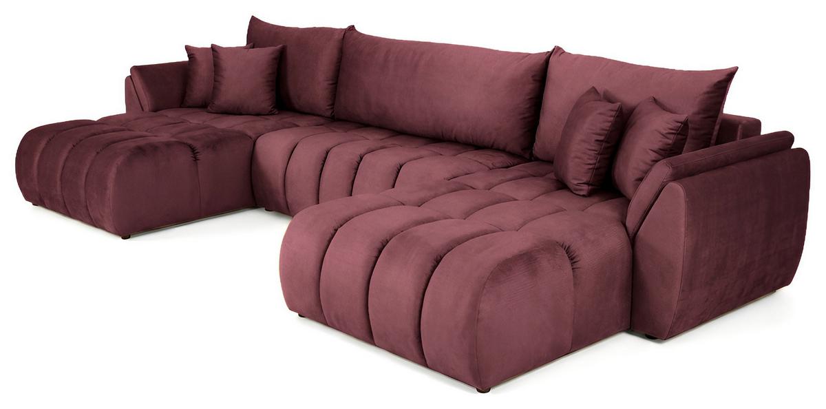 ECKSOFA Iris U mit Schlaffunktion und Bettkasten, U-Form – Bordeaux Samt 382/184/85 cm - Bordeaux/Schwarz, Kunststoff/Textil (382/184cm) - WFL GROUP