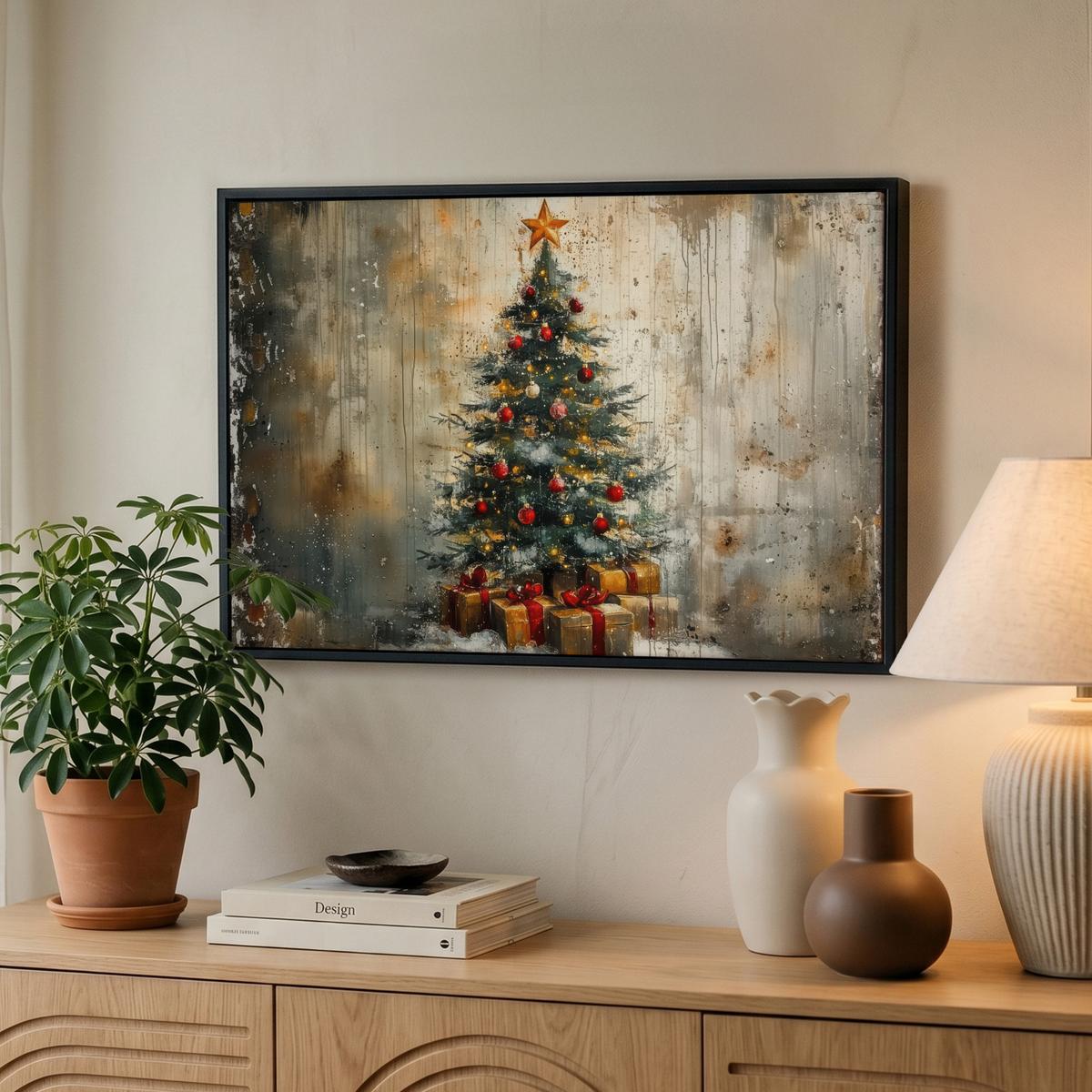 LEINWAND Bilder mit Rahmen - Weihnachtsbaum - Vintage - Weihnachten - Geschenk - 60x40 - Rostfarben, Textil (60/40cm) - MuchoWow