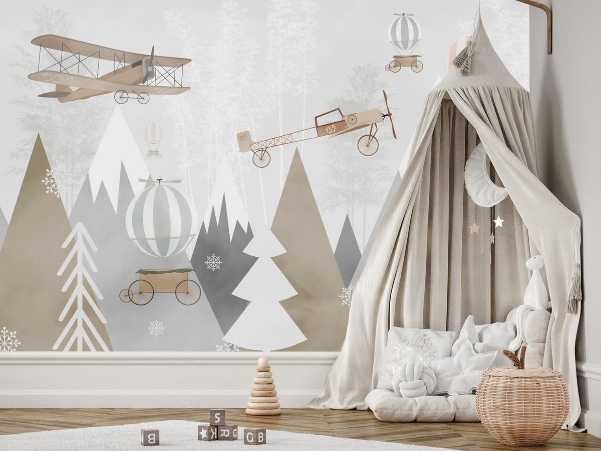 FOTOTAPETE für Kinderzimmer Flugzeuge Bergen Bäume 150x105 - Beige/Braun, Papier (150/105cm) - Muralo