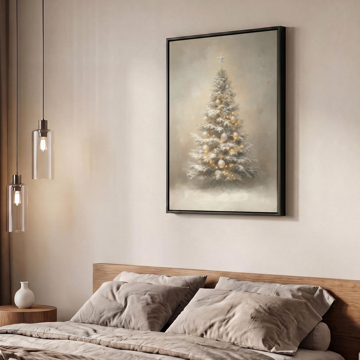 LEINWAND Bilder mit Rahmen - Weihnachten - Weihnachtsbaum - Schnee - Kunst - 50x70 - Champagner, Textil (50/70cm) - MuchoWow