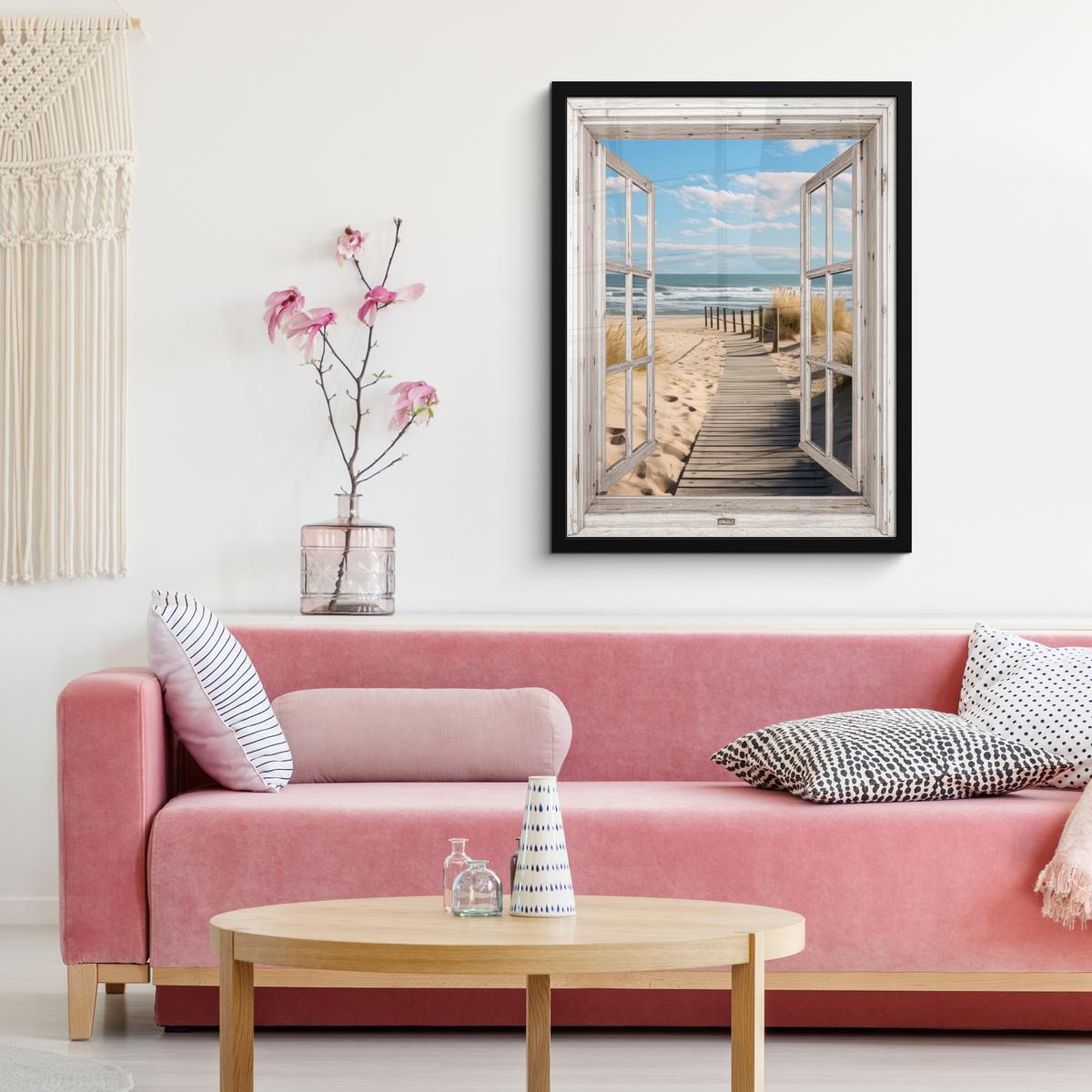 POSTER MIT RAHMENGERAHMTES BILD Fenster - Meer - Küste - Natur - Ausblick - Strand - Wattenmeer Posterleiste 60x80 cm - Beige, Papier (60/80cm) - MuchoWow