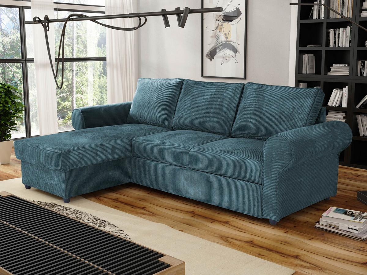 ECKSOFA Monaco Cord - Türkis/Schwarz, Holz/Textil (246/155cm) - MIRJAN24