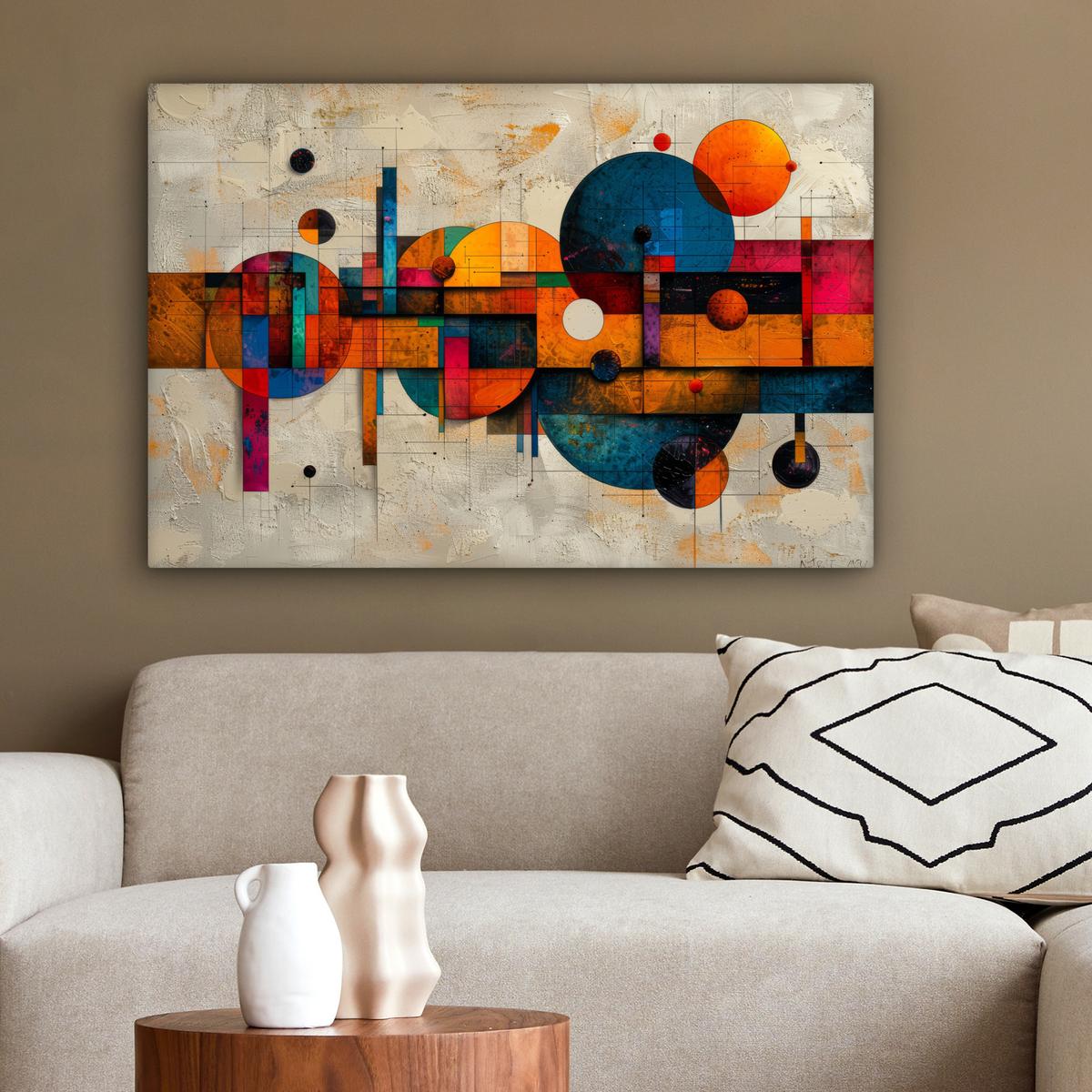 LEINWANDBILD Vintage - Moderne Kunst - Orange - Geometrische Formen Wanddeko 90x60 cm - Multicolor, Textil (90/60cm) - MuchoWow