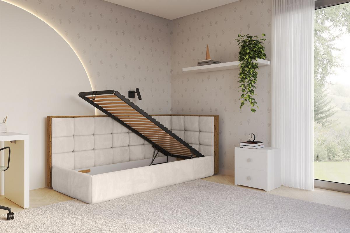 EINZELLBETT Jugendbett mit Bettkasten und Matratze H3/H4, Links - SOVY 80x200 Beige - Ecru, Holzwerkstoff/Textil (80/200cm) - ALTDECOR