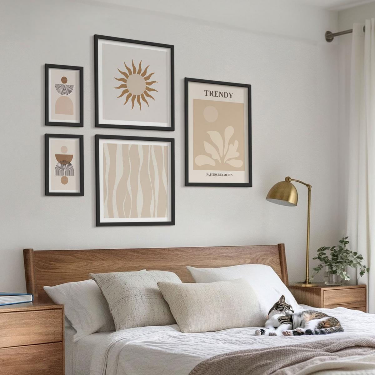 BILDER SET 5er Set - 50x50 cm & 20x30 cm & 40x60 cm Schwarzer Rahmen - Stilvolle abstrakte Beigetöne - Schwarz, Kunststoff (40/60cm) - TULUP