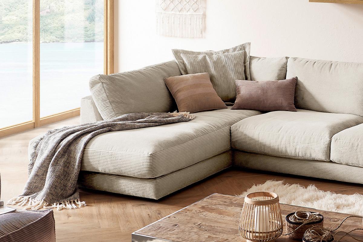 WOHNLANDSCHAFT MADELINE Cremeweiß Cord - Creme/Schwarz, Kunststoff/Textil (425/86/224cm) - KAWOLA