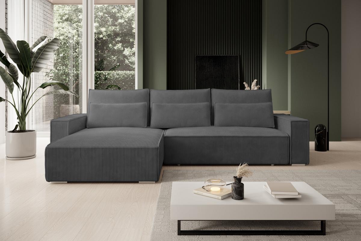 ECKSOFA Alice mit Bettkasten und Schlaffunktion, Cordstoff in L-Form - Dunkelgrau, Textil (289/184cm)
