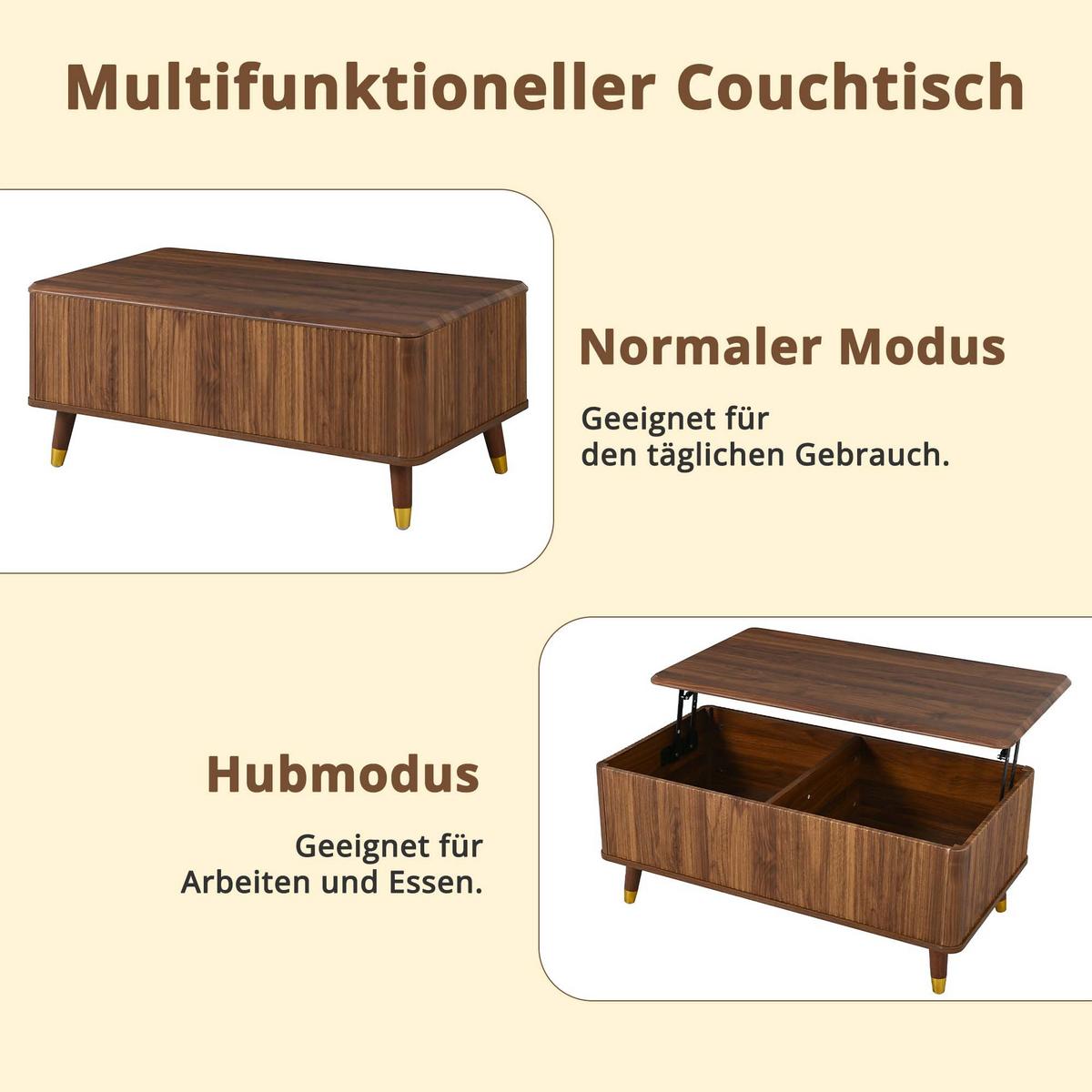COUCHTISCH holzoptik & 3d-wellen-design mit lift-funktion & verstecktem stauraum - Walnussfarben, Holzwerkstoff (52/97/56.5cm) - Urban Meuble