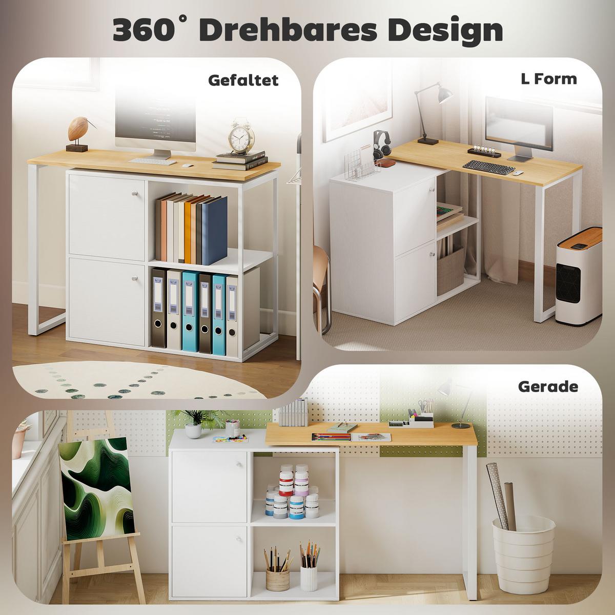 SCHREIBTISCH L-förmig 360° drehbar Eckschreibtisch mit Schränken Regalen Weiß - Silberfarben/Weiß, Holzwerkstoff/Metall (150/40/75cm) - HOMCOM