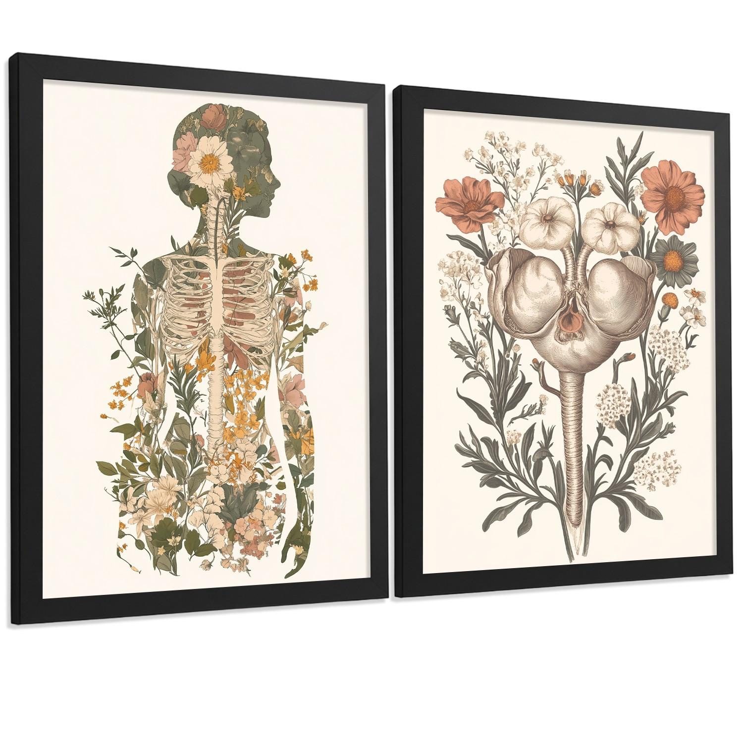 POSTER Set aus 2 Anatomie Mensch Drucke und Wandbilder mit Weiblicher Silhouette und Fortpflanzungssystem Botanischer Stil Größe Schwarzer Rahmen A4 - Schwarz, Papier (21/29.7/3cm) - Nacnic