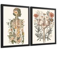 POSTER Set aus 2 Anatomie Mensch Drucke und Wandbilder mit Weiblicher Silhouette und Fortpflanzungssystem Botanischer Stil Größe Schwarzer Rahmen A4 - Schwarz, Papier (21/29.7/3cm) - Nacnic