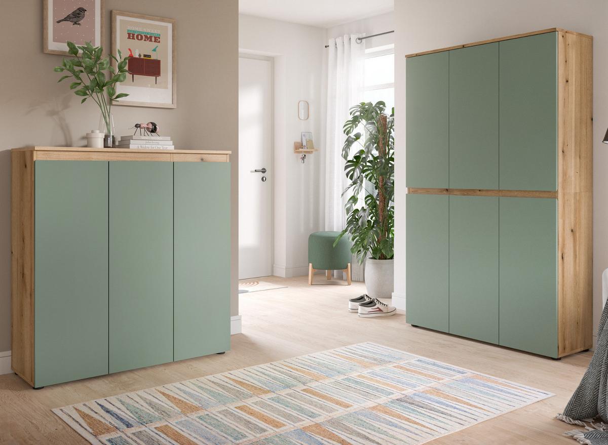 MEHRZWECKSCHRANK grün, Evoke Eiche 105 x 175 cm, Stauraumschrank 6-türig mit 18 Fächern - Eichefarben/Schwarz, Holzwerkstoff/Kunststoff (105/175/37cm) - Inn.Furn