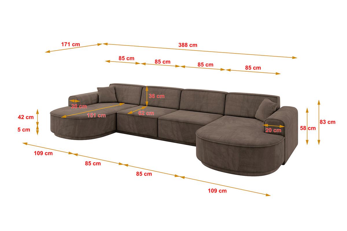 WOHNLANDSCHAFT MARI-U2-v3 - 388x171x83 cm Braun Velours - Schwarz/Braun, Holzwerkstoff/Kunststoff (388/83/171cm) - ALTDECOR