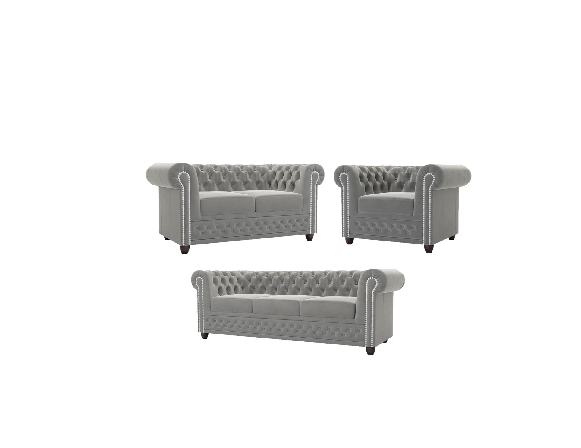 SITZGARNITUR mit Schlaffunktion 3+2+1 Chesterfield Nyx Grau Samt - Braun/Grau, Holz/Textil (203/72/86cm) - S-Style Möbel