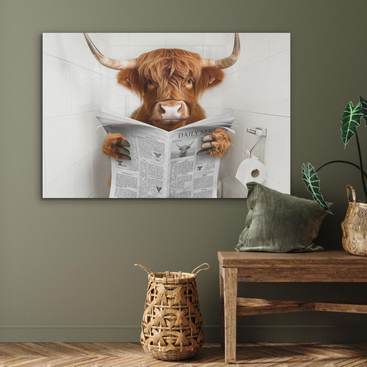AKUSTIKBILD Schottischer Highlander - Tier - Zeitung - Toilette Wandbild Wohnzimmer 100x70 cm - Kastanienfarben, Kunststoff (100/70/0.9cm) - MuchoWow