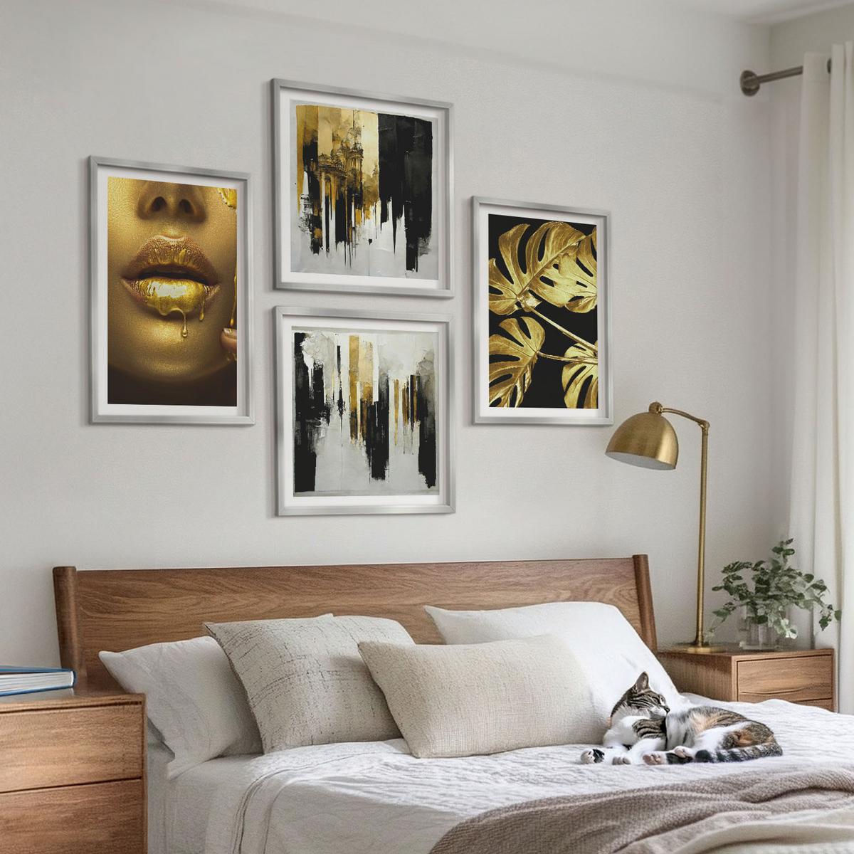 BILDER SET 4er Set - 50x50 cm & 40x60 cm Silberner Rahmen - Abstrakte Blattmalerei - Silberfarben, Kunststoff (50/50cm) - TULUP