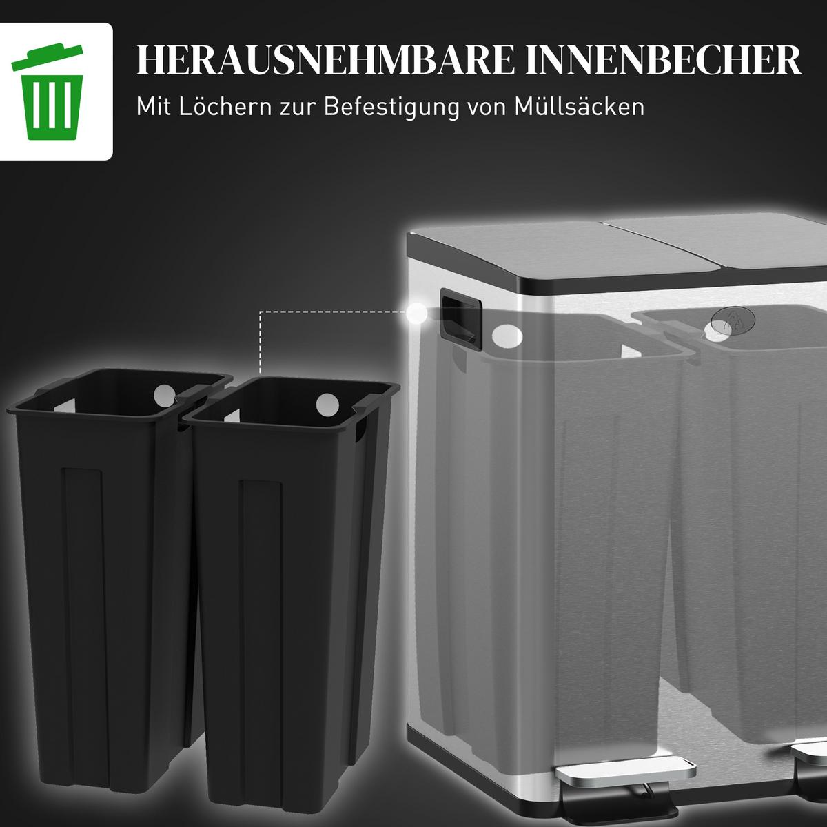 MÜLLEIMER Edelstahl Kunststoff Silber - Silberfarben, Metall (36/51.6/45.8cm) - HOMCOM