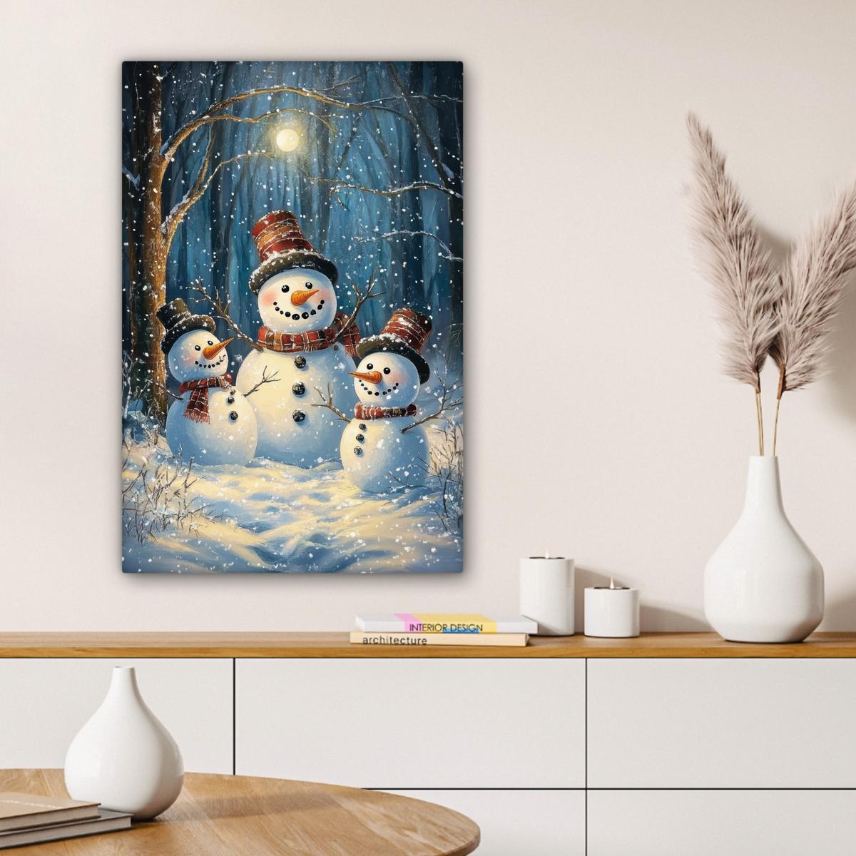 LEINWANDBILD Schneemann - Schnee - Winter - Wald Wanddeko Schlafzimmer 60x90 cm - Hellblau, Textil (60/90cm) - MuchoWow