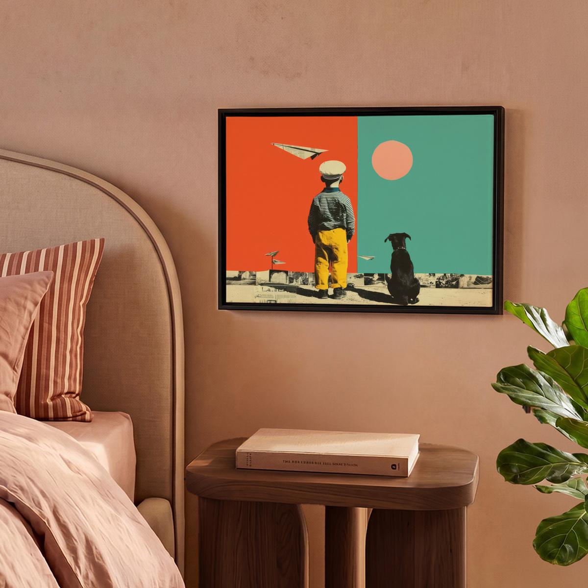 LEINWAND Bilder mit Rahmen - Retro - Junge - Hund - Rot - Grün - 40x30 - Orange, Textil (40/30cm) - MuchoWow