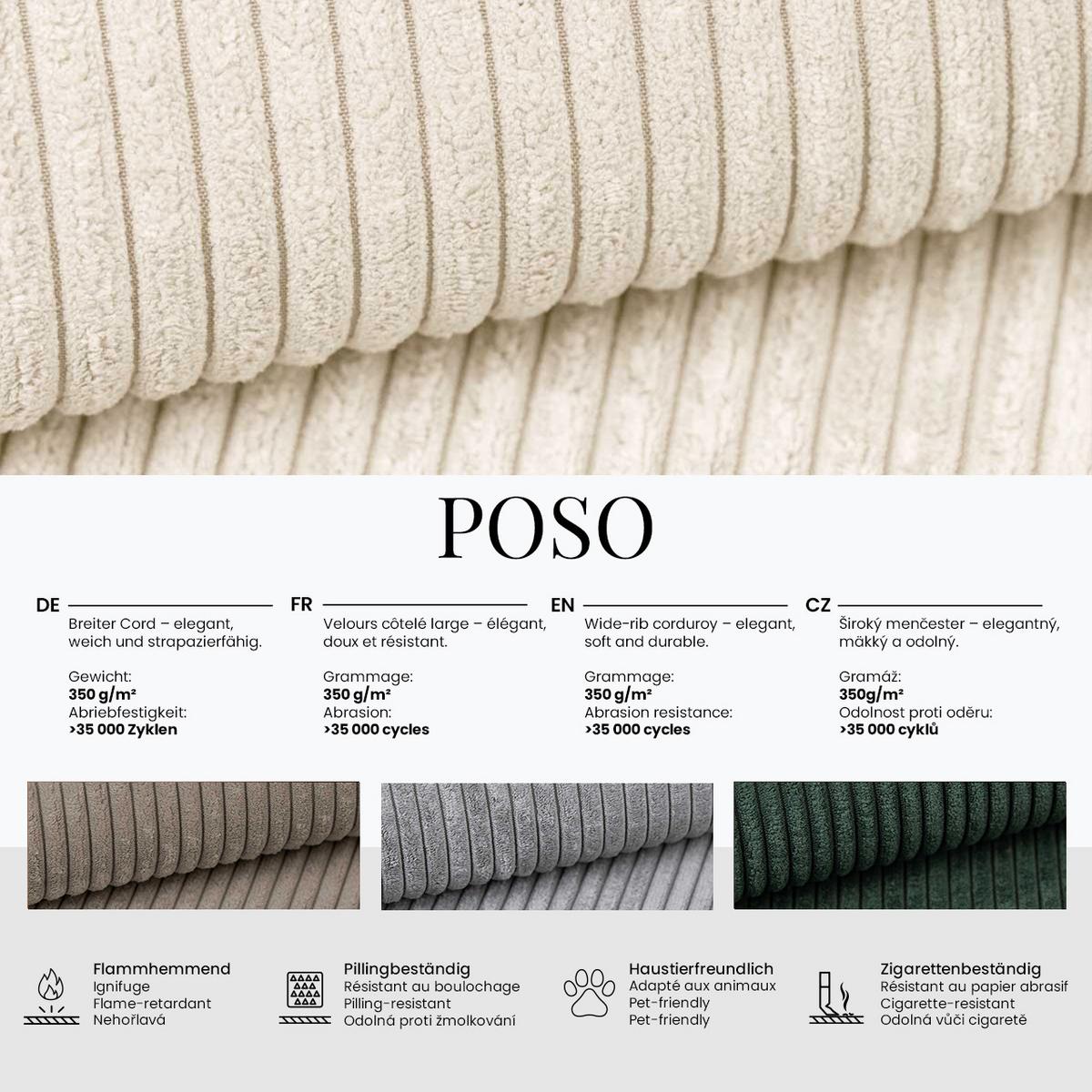 3-SITZER SOFA ORSETTO - Hellgrau Cord - Hellgrau/Schwarz, Textil/Metall (200/70/100cm) - MKS