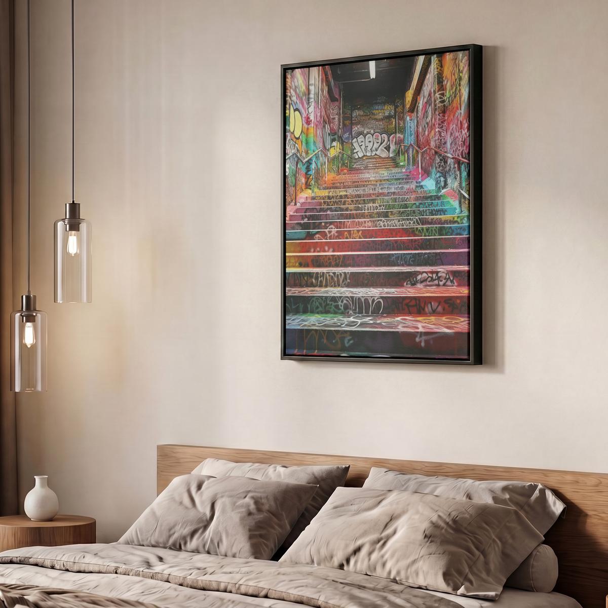 LEINWAND Bilder mit Rahmen - Treppe - Graffiti - Farben - Kunst - 60x80 - Multicolor, Textil (60/80cm) - MuchoWow