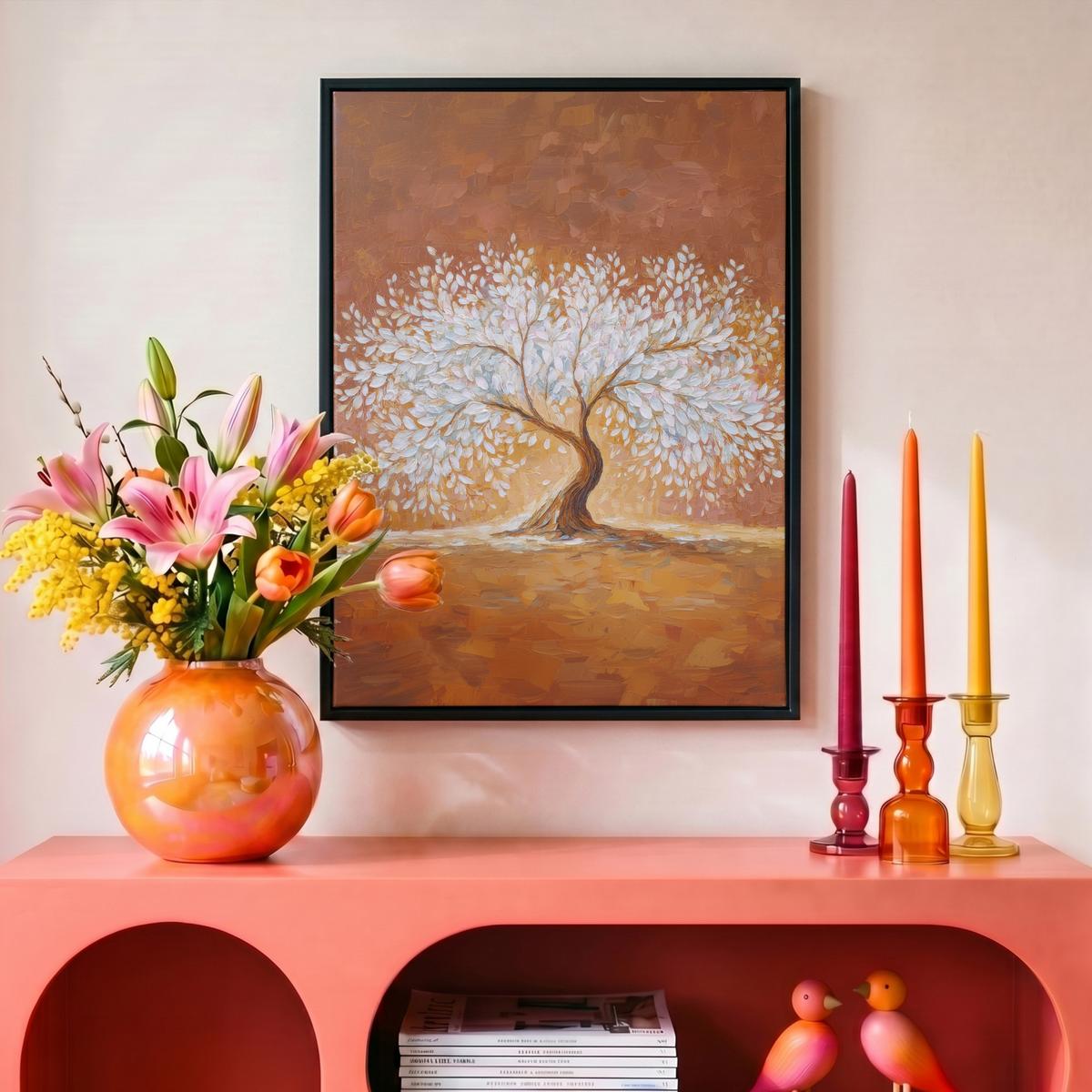 LEINWAND Bilder mit Rahmen - Abstrakt - Baum - Weiß - Blätter - 30x40 - Braun, Textil (30/40cm) - MuchoWow