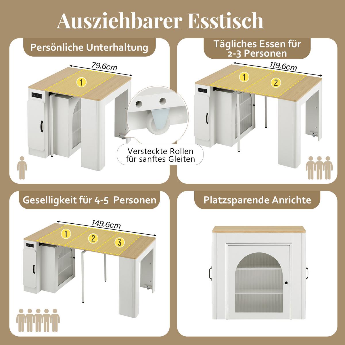KÜCHENINSEL Mobile & Ausziehbarer Esstisch (4-in-1) mit LED - Weiß, Glas/Holzwerkstoff (83/77/40cm) - Urban Meuble