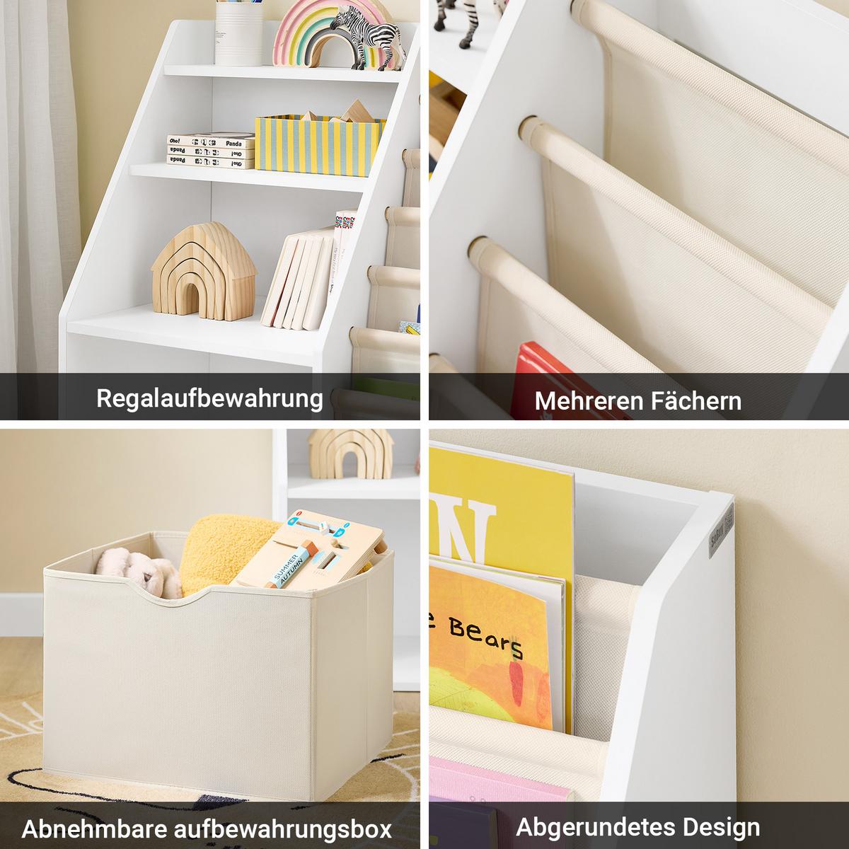 KINDER-BÜCHERREGAL mit Stofftaschen, 80x80x40cm Weiß - Weiß, Holzwerkstoff (80/80/40cm) - SoBuy