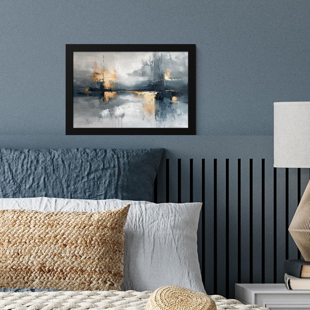 POSTER MIT RAHMENGERAHMTES BILD Kunst - Grau - Gold - Abstrakt 30x20 cm - Dunkelgrau, Papier (30/20cm) - MuchoWow