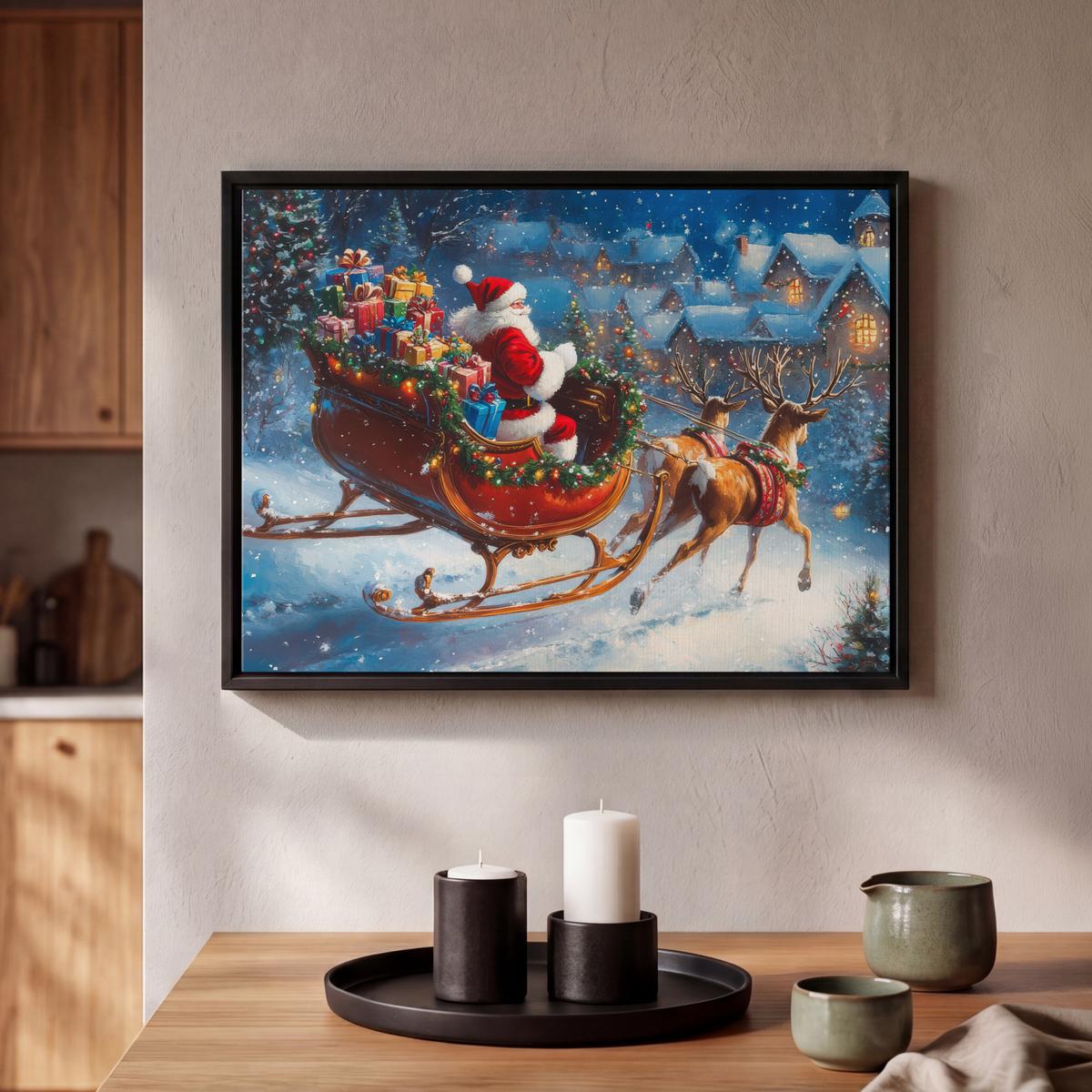 LEINWAND Bilder mit Rahmen - Weihnachtsmann - Rentier - Weihnachten - Schnee - 40x30 - Cognac, Textil (40/30cm) - MuchoWow