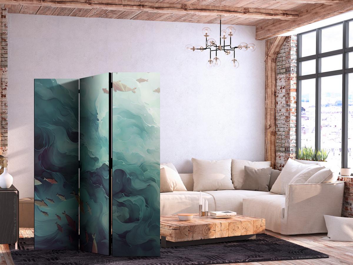 PARAVENT Akustik 3-tlg 135x172 cm Fische Und Meereswellen Boho - Blau, Holz/Textil (135/172/3cm) - Muralo