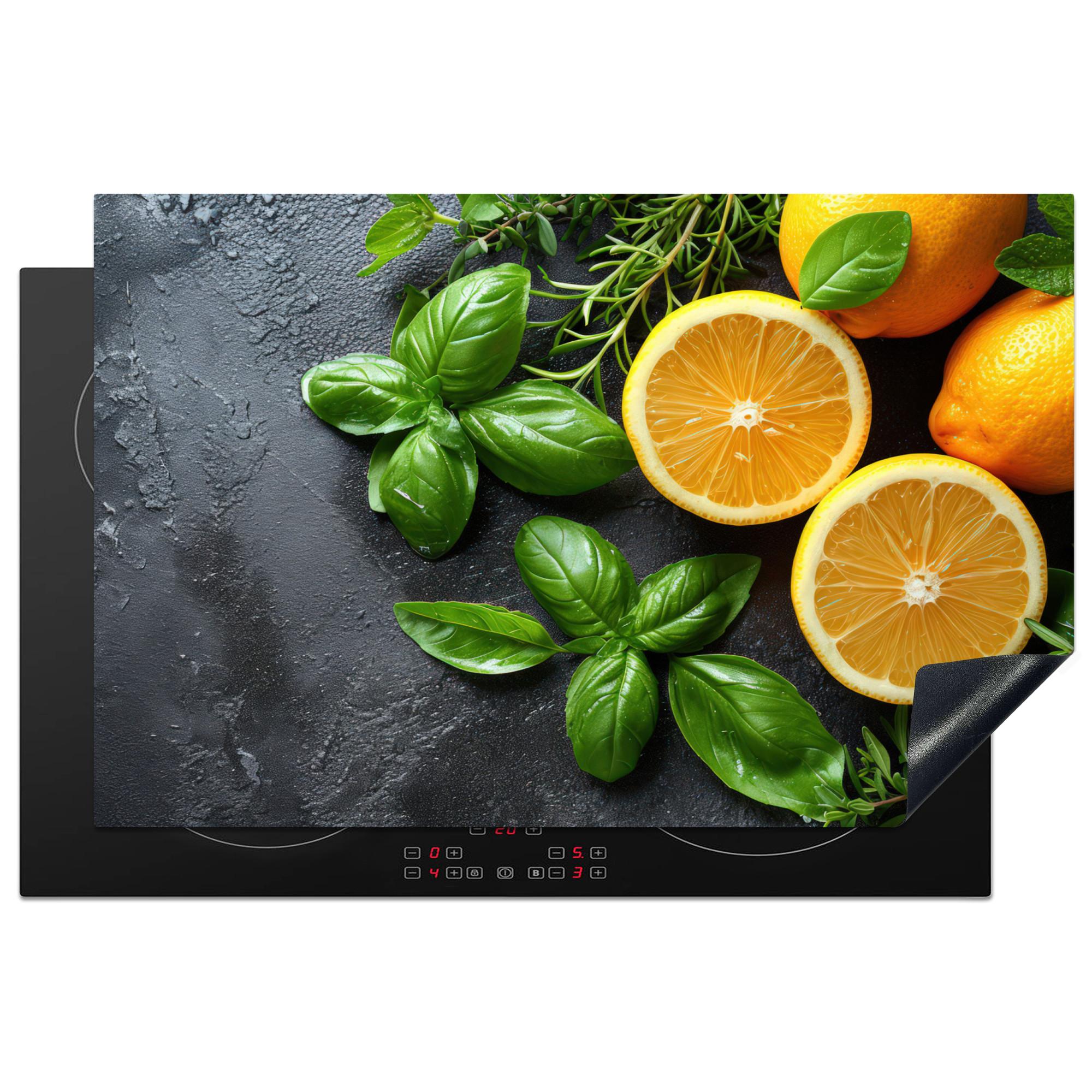 HERDABDECKPLATTE Obst - Grau - Konkret - Orange - Pflanzen Induktionsmatte 81x52 cm - Anthrazit, Kunststoff (81/52/0.2cm) - MuchoWow