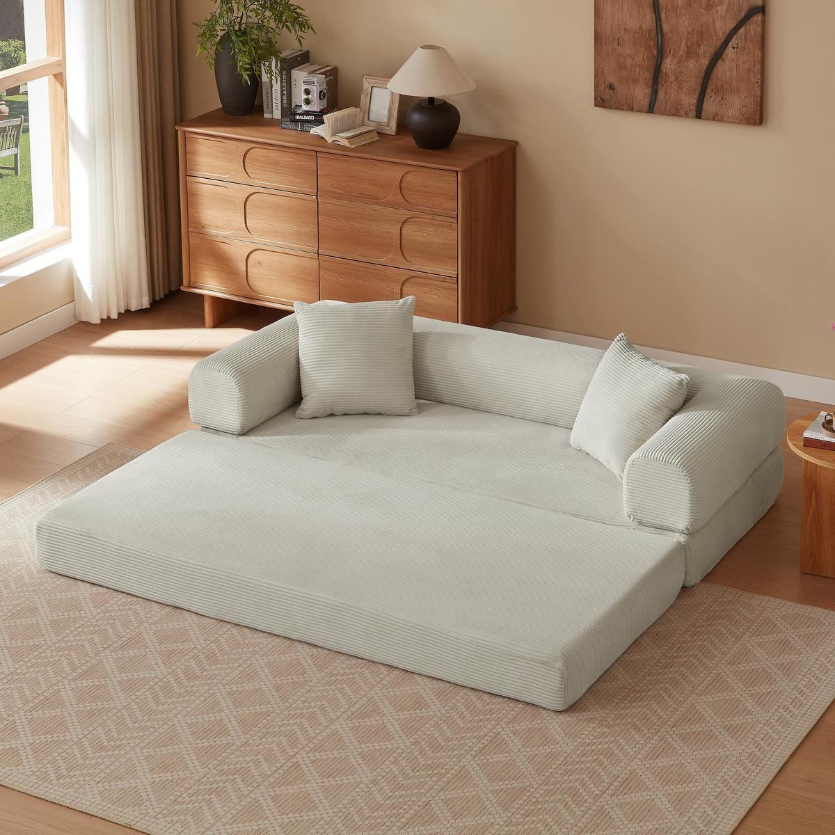 SCHLAFSOFA aus Cord in Beige 2-lagiges Design & zum Doppelbett ausklappbar - Beige, Textil (89/59/195cm) - Urban Meuble