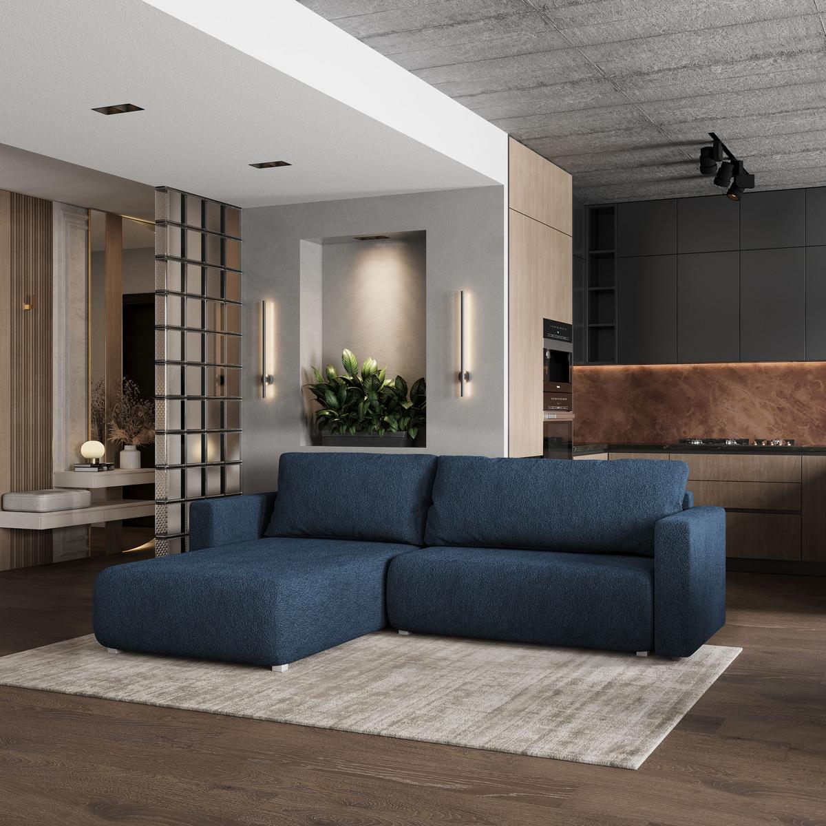 ECKSOFA TURIN N Blau Bucle-Stoff mit Schlaffunktion - Blau/Grau, Holz/Kunststoff (265/183cm) - MASSENO