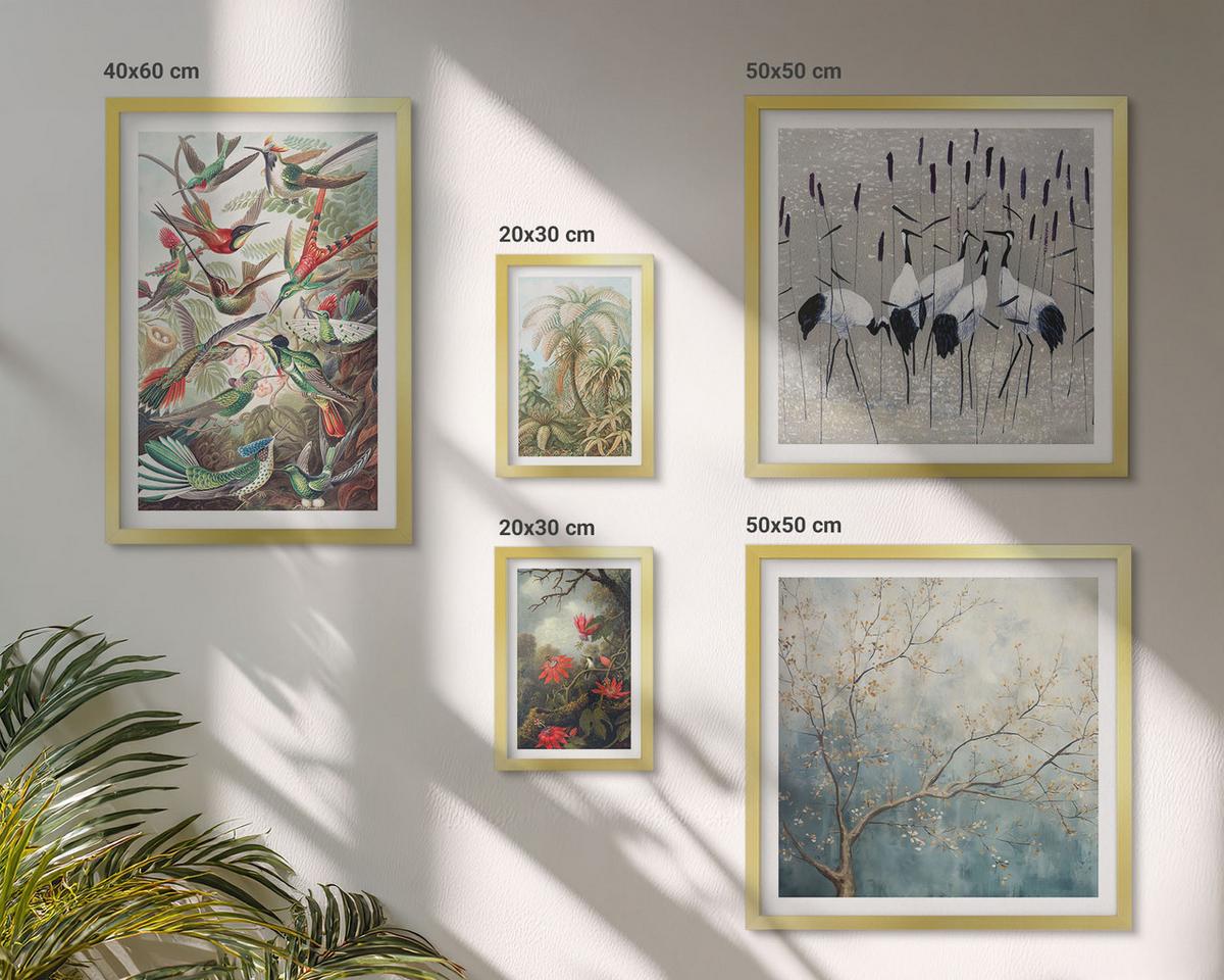 BILDER SET 5er Set - 50x50 cm & 20x30 cm & 40x60 cm Goldrahmen - Pastellfarbene Berglandschaft mit rosa Flamingos - Goldfarben, Kunststoff (40/60cm) - TULUP