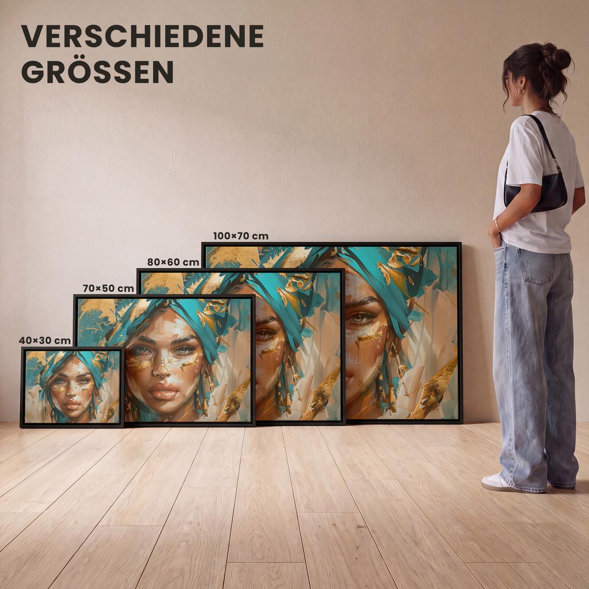 LEINWAND Bilder mit Rahmen - Frau - Porträt - Gold - Luxus - Blau - 80x60 - Türkis, Textil (80/60cm) - MuchoWow