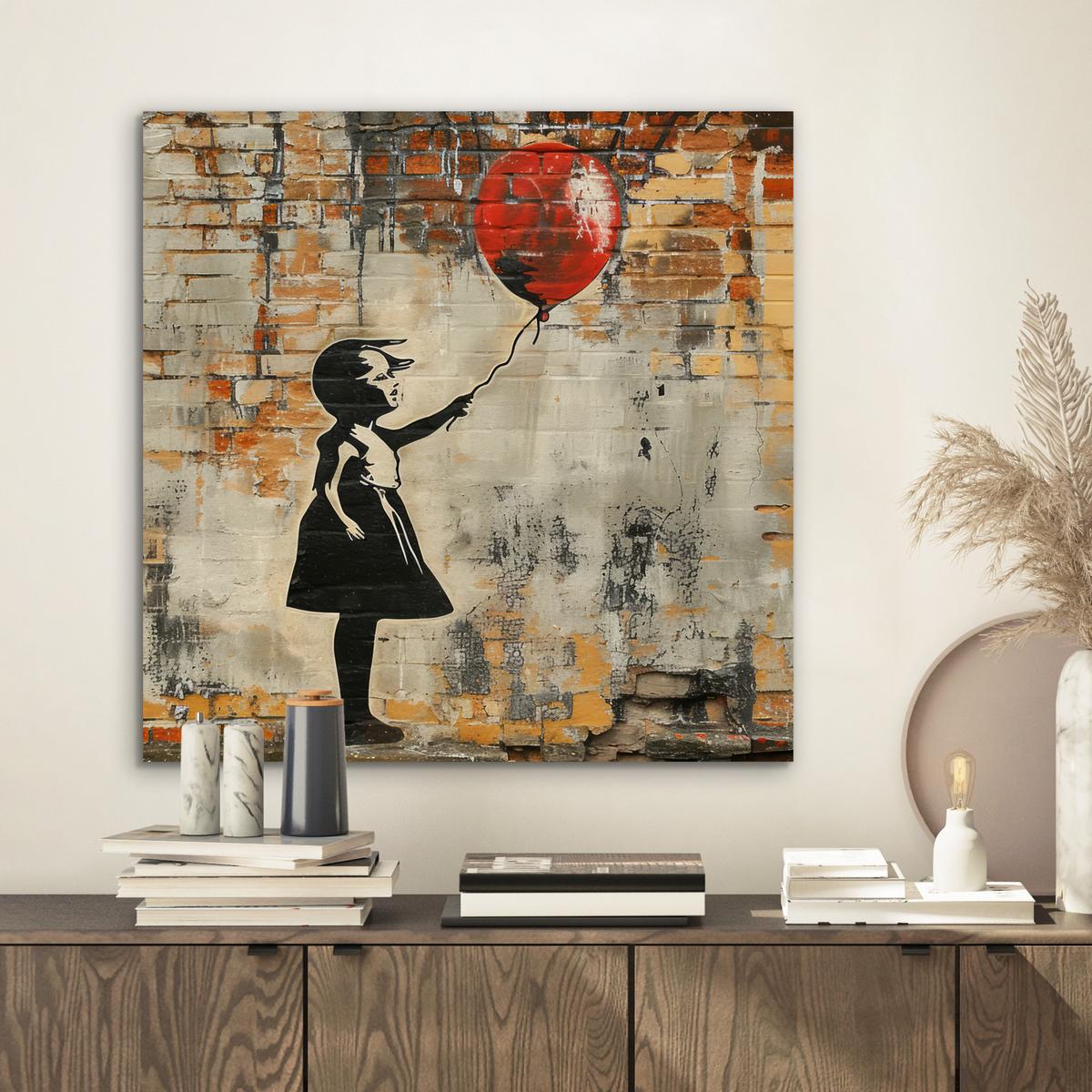 METALLBILD Graffiti - Banksy - Mädchen - Straßenkunst 50x50 cm - Sandfarben, Metall (50/50cm) - MuchoWow