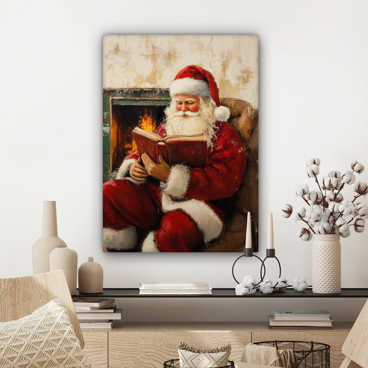 LEINWANDBILD Weihnachten - Weihnachtsmann - Winter - Open Fireside Wandbild Wohnzimmer 60x80 cm - Dunkelrot, Textil (60/80cm) - MuchoWow