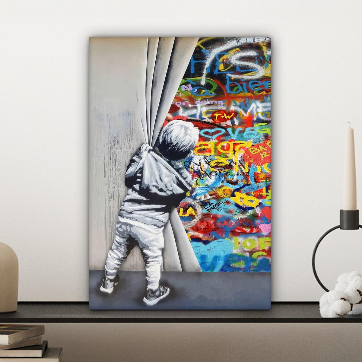 LEINWANDBILD Graffiti - Junge - Ilussie - Straßenkunst Deko Wohnzimmer 20x30 cm - Hellgrau, Textil (20/30cm) - MuchoWow